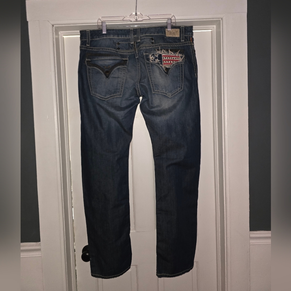 Robin's Men's jeans 42X37 Flag Studded Flap Pockets Distressed Wash Denim